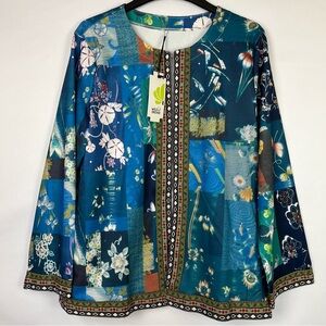 Chico's Wild Orchid Floral Navy/Teal Patchwork Cardigan with Pockets Size 2XL